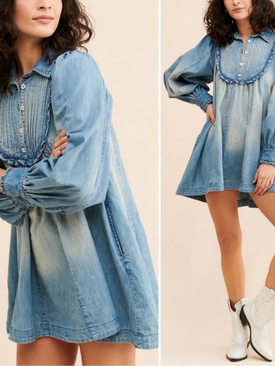 Free People Dresses & Skirts - Free People Light Blue Denim Pintuck Babydoll Mini Dress